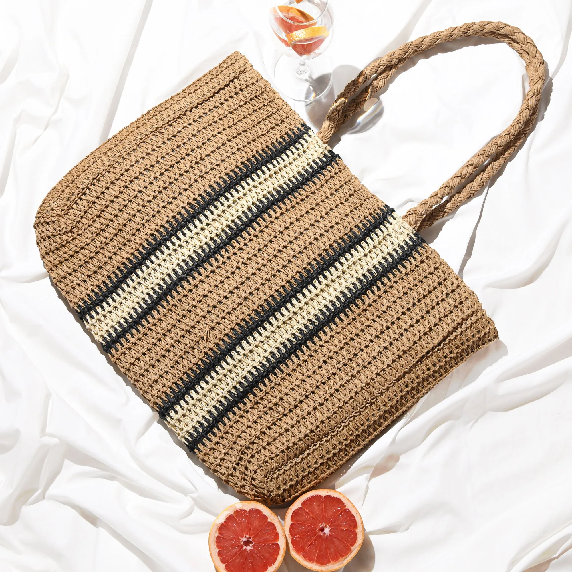 Accessorize London Women's Cream Raffia Fabric Double Stripe Shopper