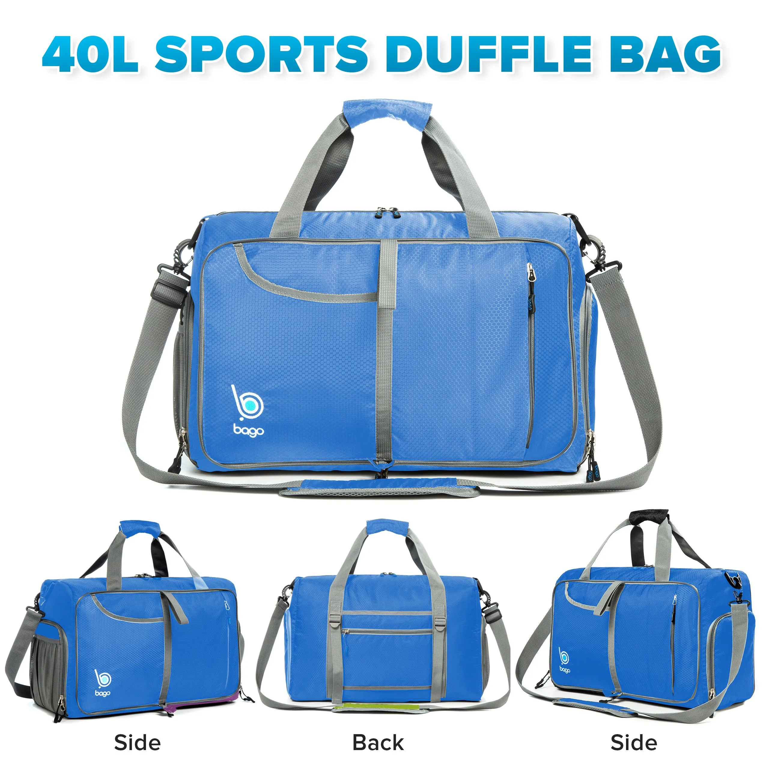 Bago Gym Bags for Women and Men - Packable Sports Duffle Bag for Women with Shoe & Wet Compartment