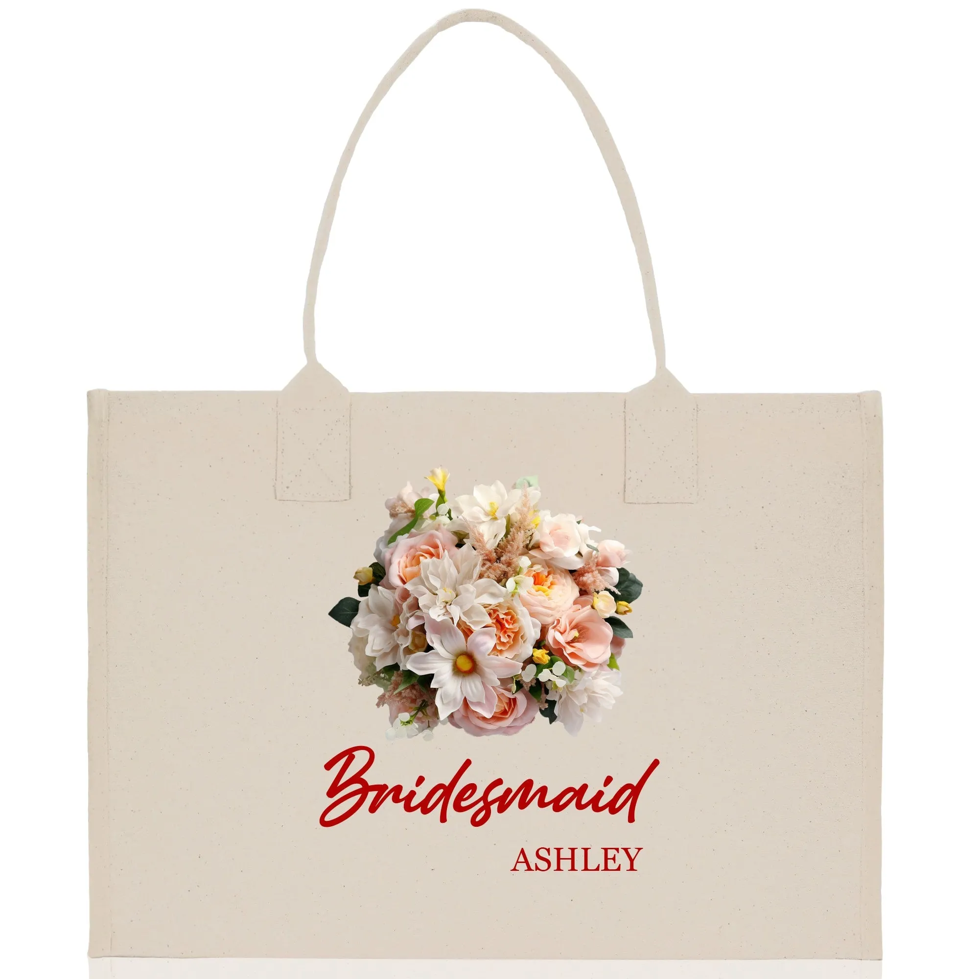 Bridesmaid Bouquet Colorful Flowers Bouquet Custom Name Cotton Canvas Tote Bag Bridal Chic Tote Bags Personalized Wedding Totes