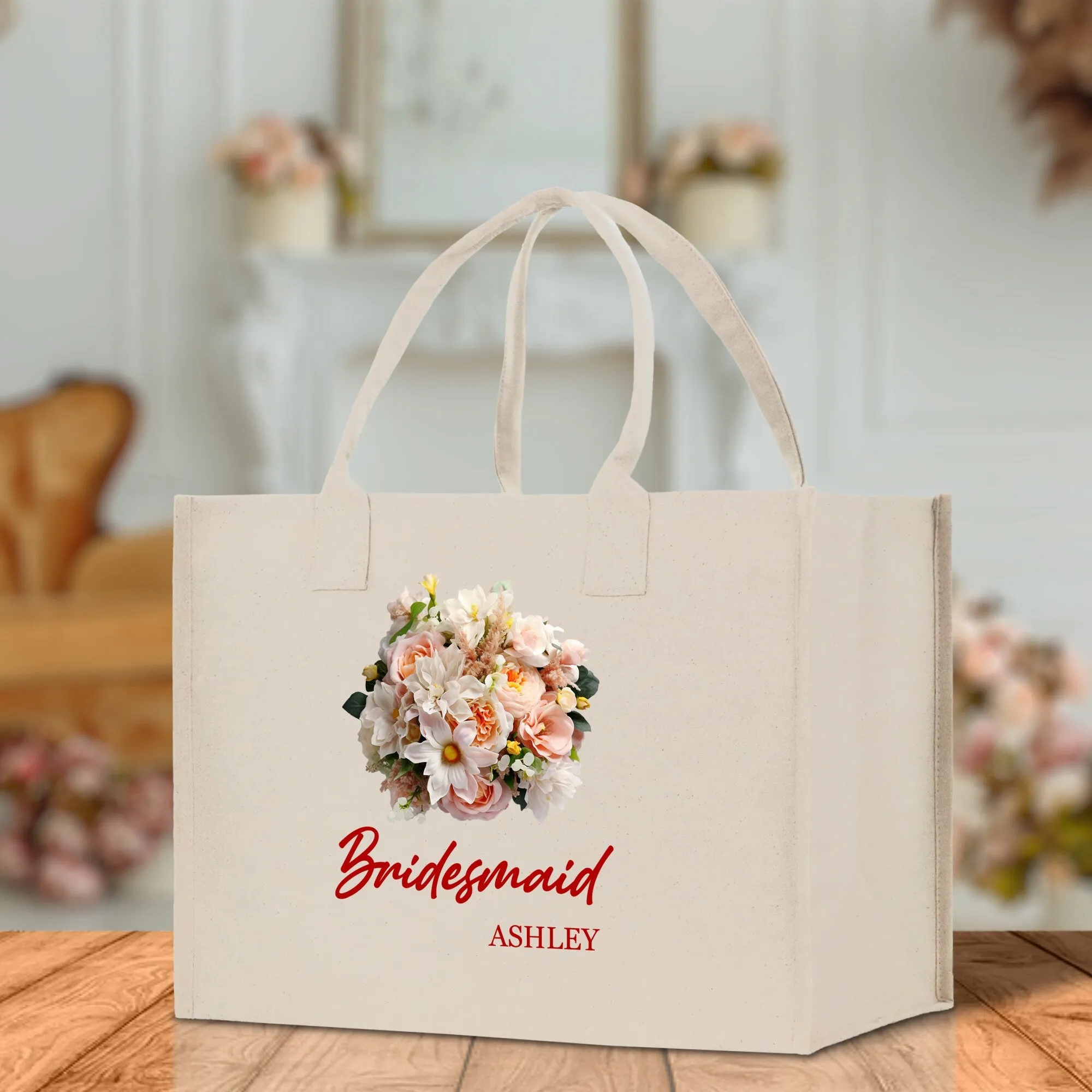 Bridesmaid Bouquet Colorful Flowers Bouquet Custom Name Cotton Canvas Tote Bag Bridal Chic Tote Bags Personalized Wedding Totes