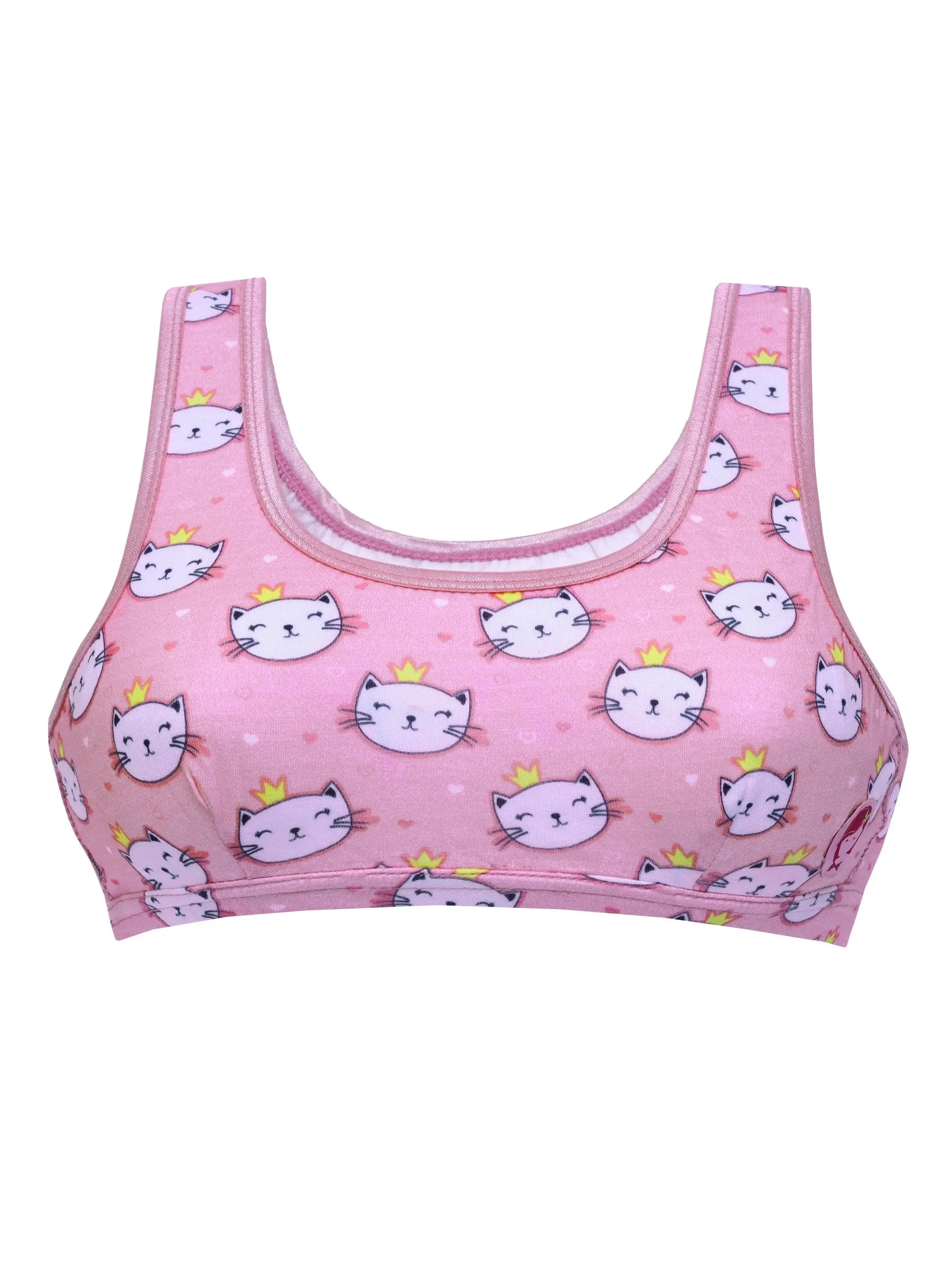 Double-Layer Broad Strap Cotton Sports Bra | Non-Padded Beginner Bra | Kitty Printed Bra