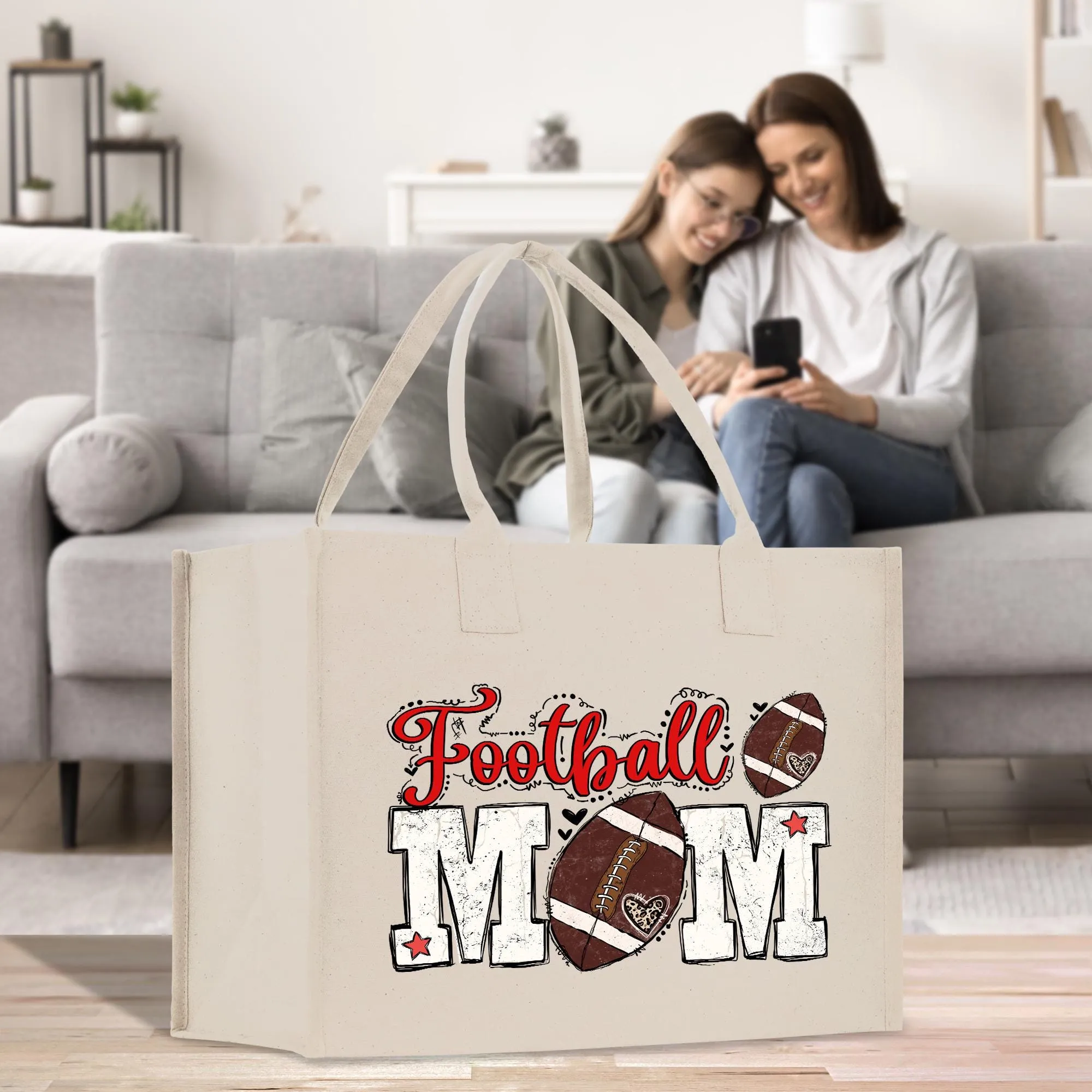 Football Mom Sports Cotton Canvas Tote Bag Gift for Football Mom Football Lover Mom Gift (FMTB1003)