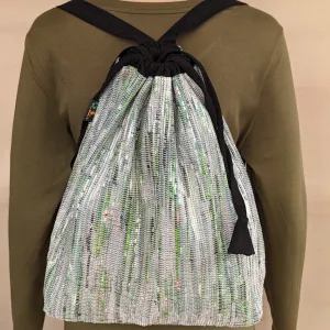 Green and Sliver Shimmery Upcycled Handwoven Light Backpack (NLBP0824-011) PS_W