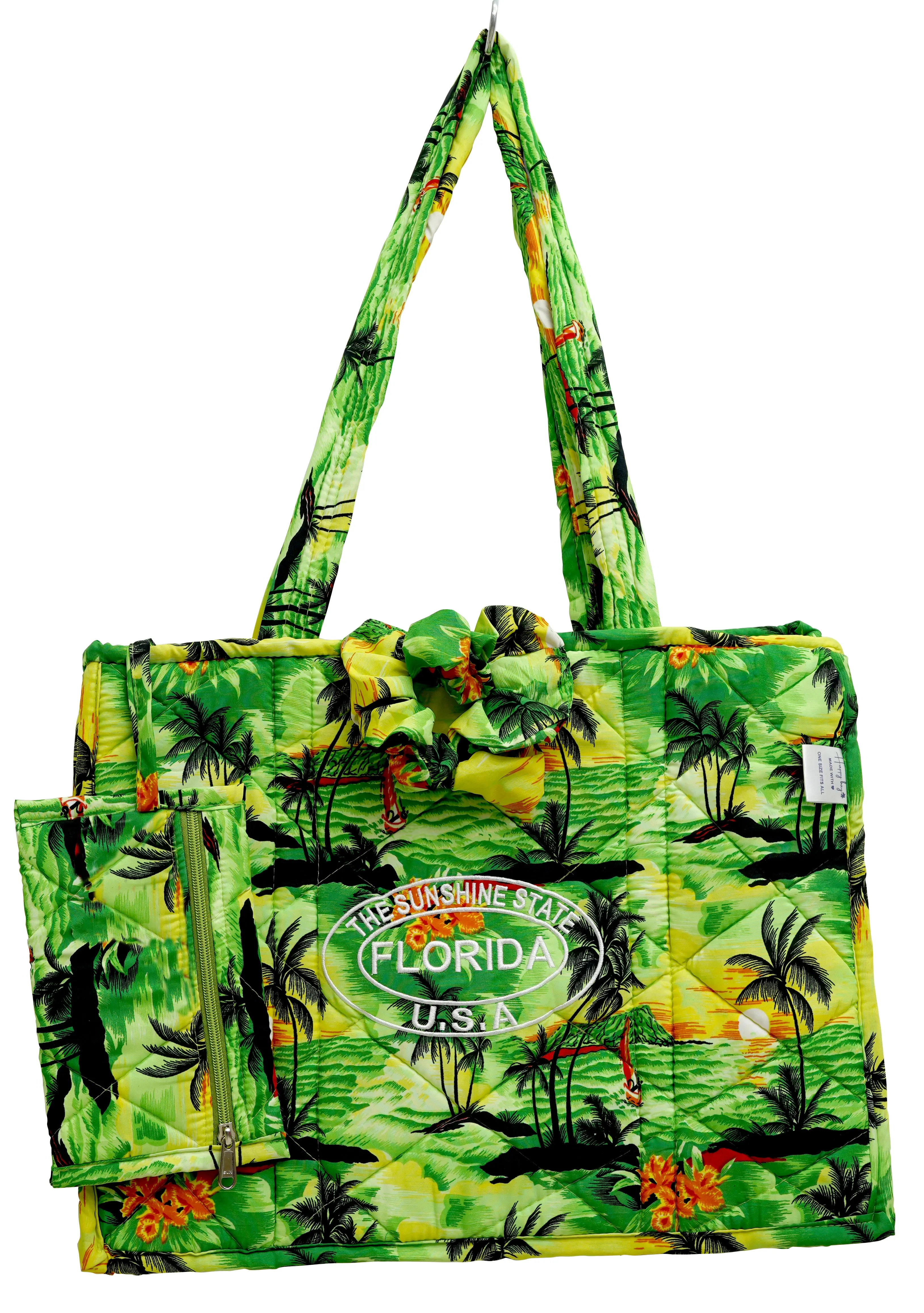 Green Sunset Island View Printed Stylish Hawaiian Beach Bag With Beach Wrap and Scrunchy For Women