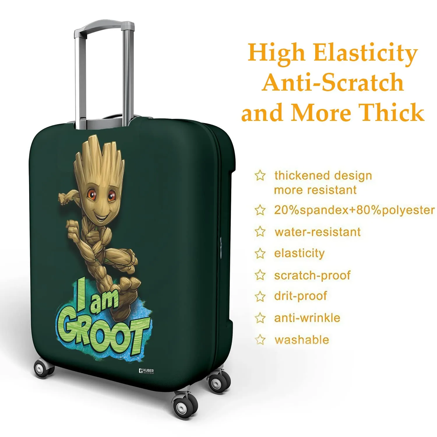 Heart Home Marvel I Am Groot Luggage Cover | Polyester Travel Suitcase Cover | Washable | Stretchable Suitcase Cover | 18-22 Inch-Small | 26-30 Inch-Large | Pack of 2 | Green