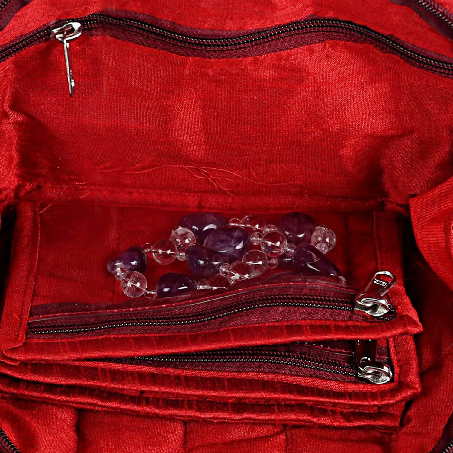 Heart Home Polyester Jacquard Print Toiletry Organizer with 4 Transparent Poches & 1 Extra Compartment,Zipper Closure (Red)