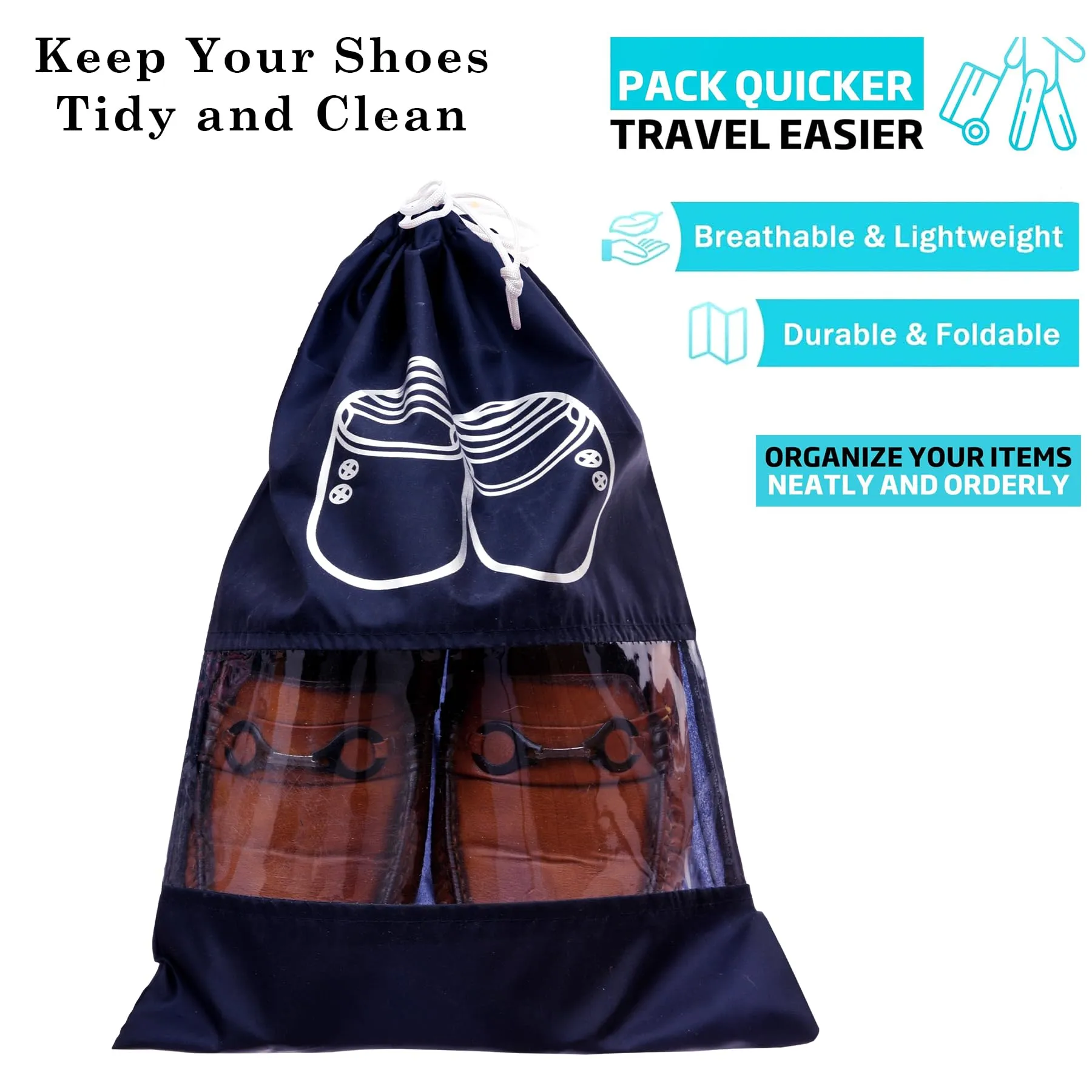 Heart Home Shoe Cover | Travel Shoe Storage Bags | Polyester Storage Bags | Drawstring Shoe Cover | Clear Transparent Shoe Storage Organizer | Pack of 12 | Navy Blue