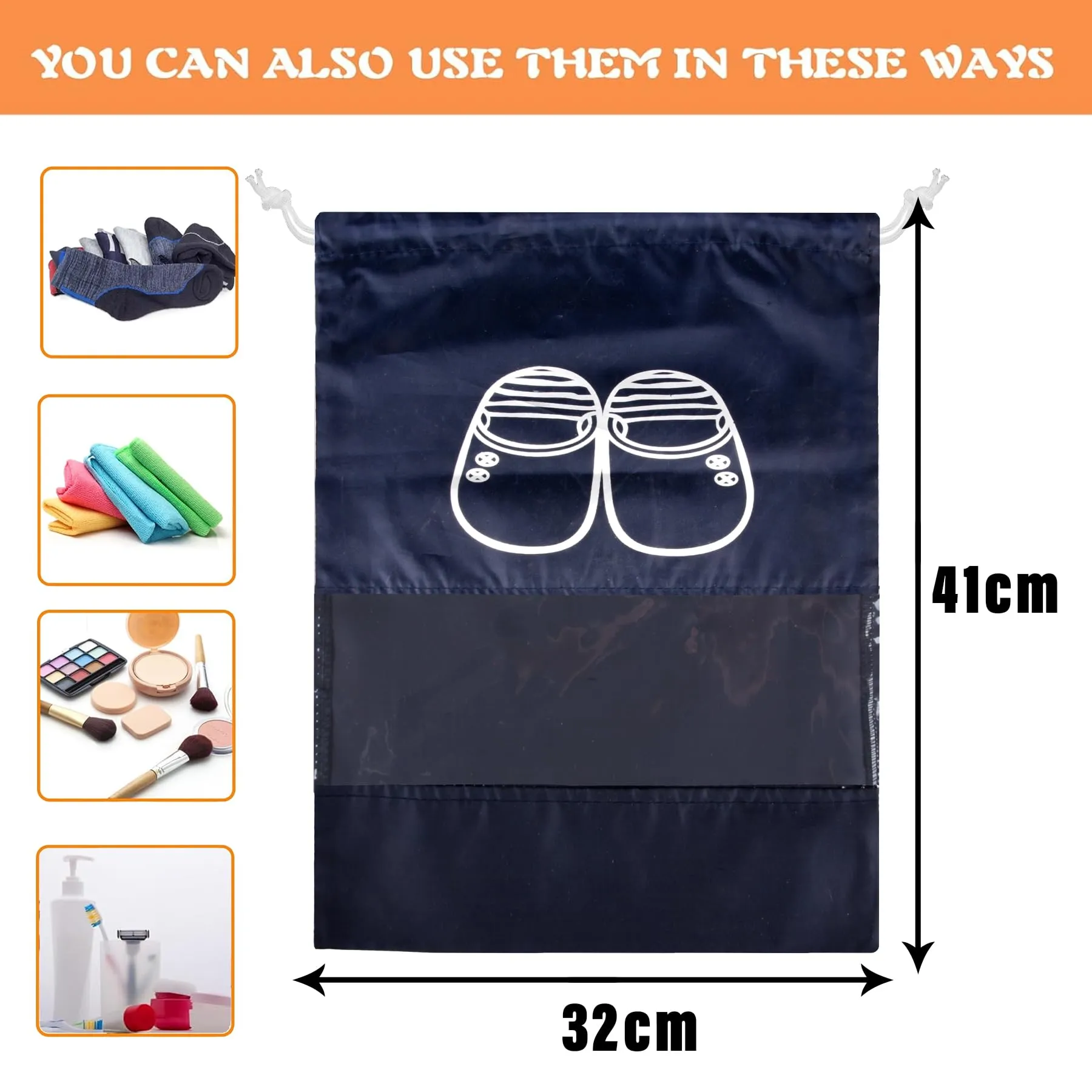 Heart Home Shoe Cover | Travel Shoe Storage Bags | Polyester Storage Bags | Drawstring Shoe Cover | Clear Transparent Shoe Storage Organizer | Pack of 12 | Navy Blue