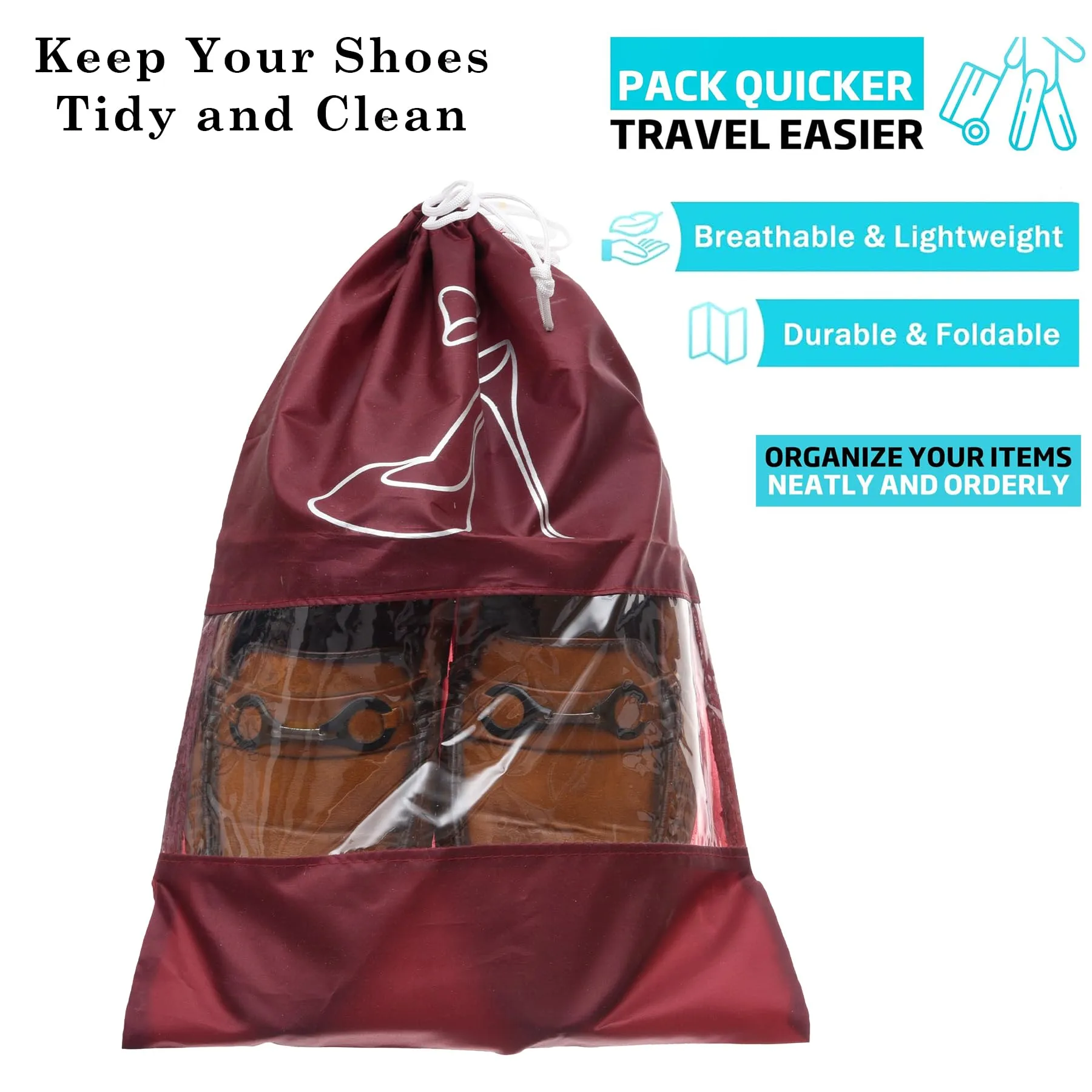 Heart Home Shoe Cover | Travel Shoe Storage Bags | Polyester Storage Bags | Drawstring Shoe Cover | Clear Transparent Shoe Storage Organizer | Pack of 18 | Maroon