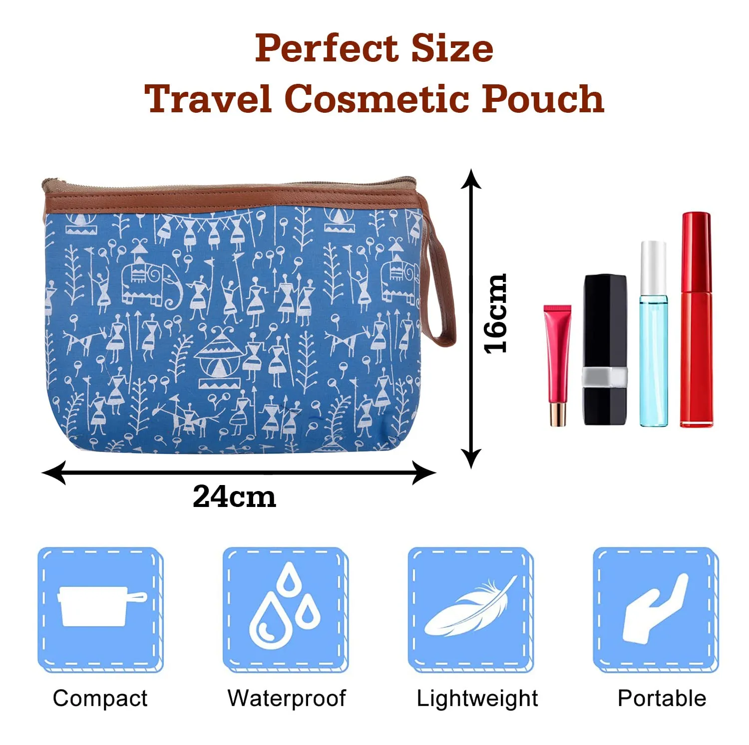 Heart Home Toiletry Pouch|Warli Print Travel Cosmetic Pouch|Canvas Waterproof Makeup Pouch with Handle (Blue)