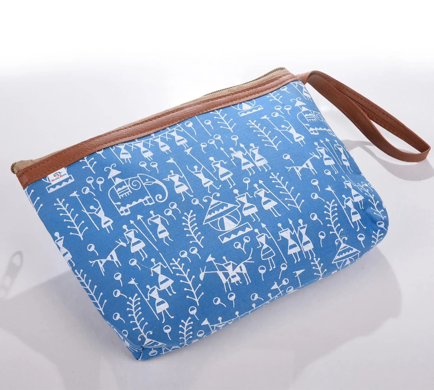 Heart Home Toiletry Pouch|Warli Print Travel Cosmetic Pouch|Canvas Waterproof Makeup Pouch with Handle (Blue)