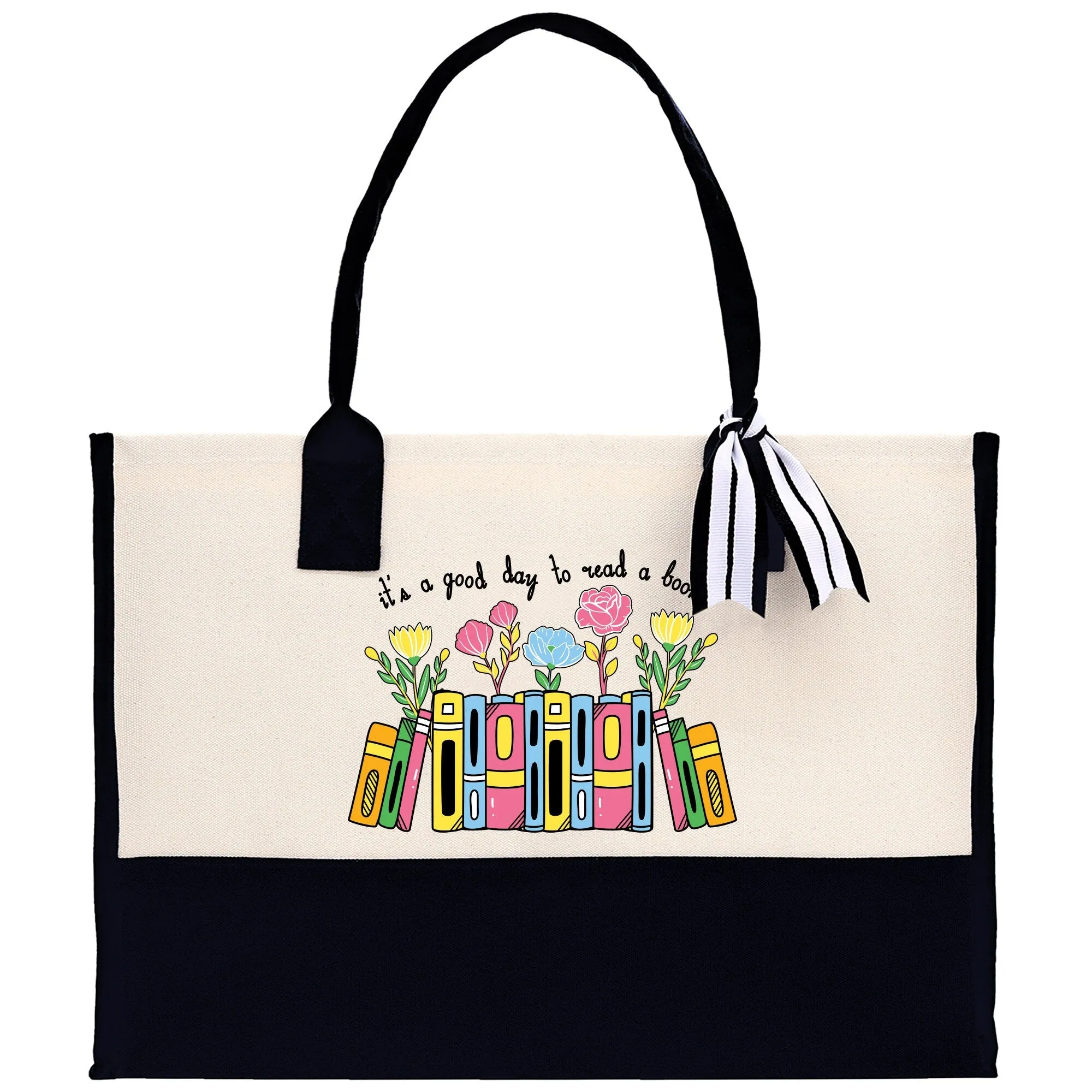 It's a Good Day to Read a Book Flowers and Books Cotton Canvas Tote Bag Librarian Birthday Gift Bag Bookworm Gift Bag