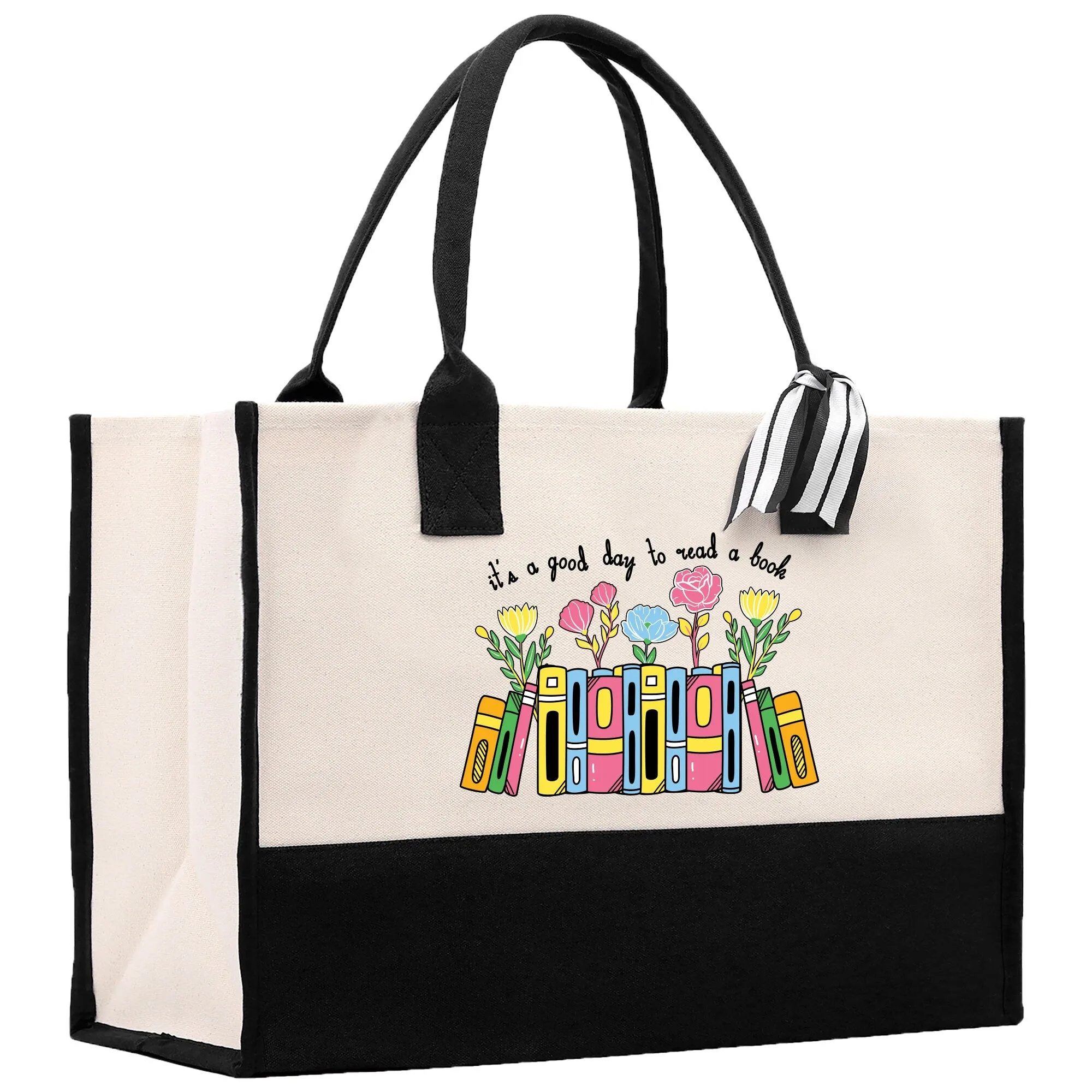 It's a Good Day to Read a Book Flowers and Books Cotton Canvas Tote Bag Librarian Birthday Gift Bag Bookworm Gift Bag