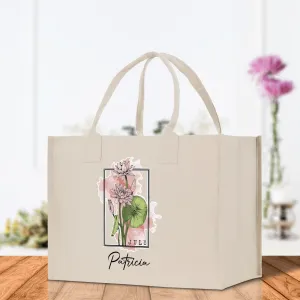 July Birth Month Flower Personalized Name Cotton Canvas Tote Bag Custom Flower Birthday Gift Bag Wedding Gift for Her Bridal Bridesmaid