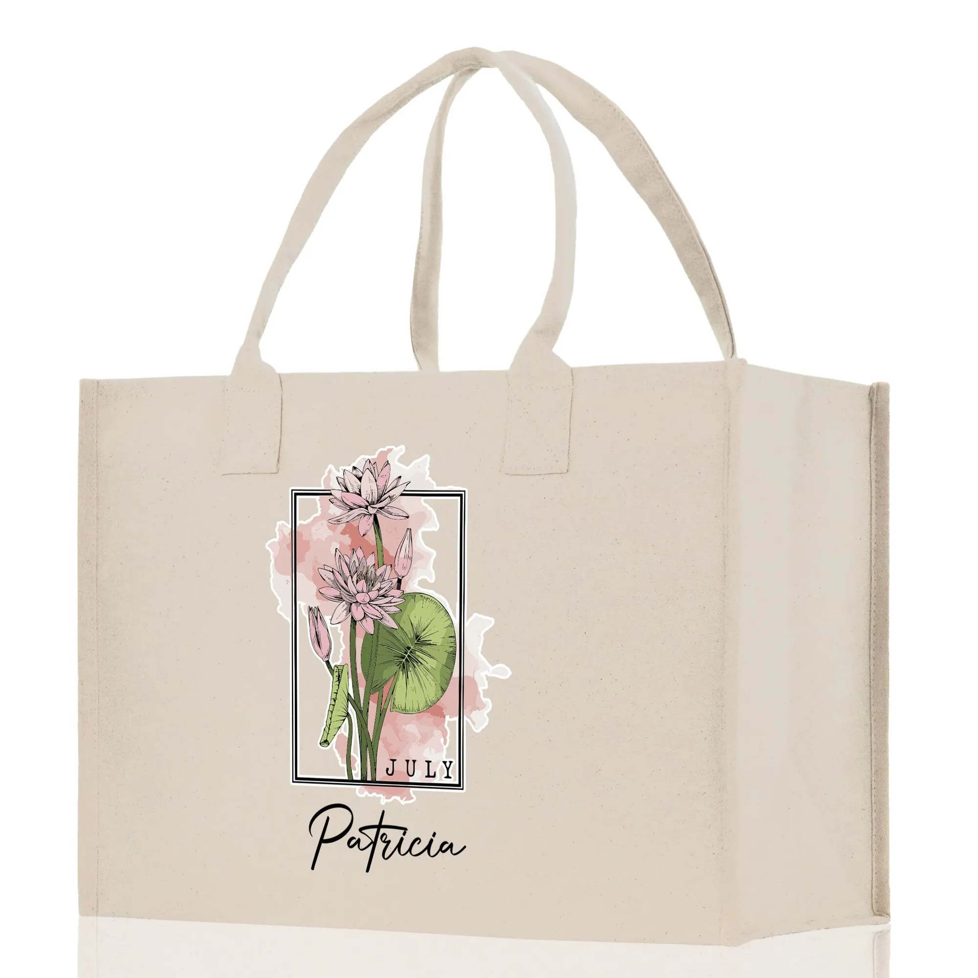 July Birth Month Flower Personalized Name Cotton Canvas Tote Bag Custom Flower Birthday Gift Bag Wedding Gift for Her Bridal Bridesmaid