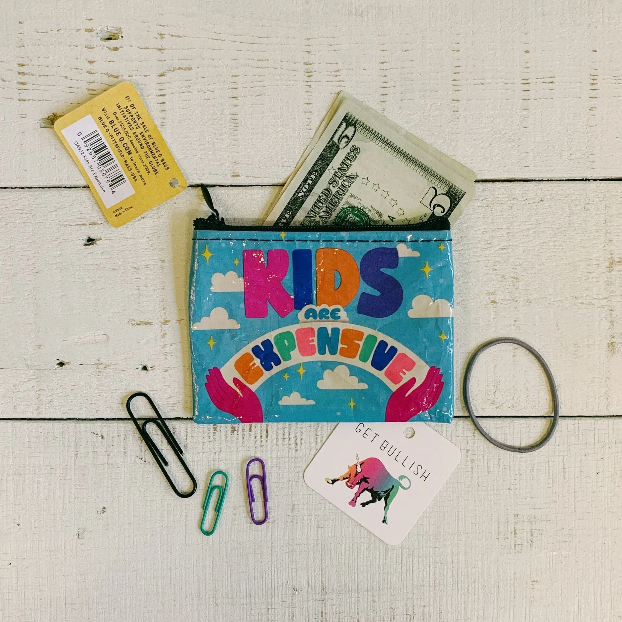 Kids Are Expensive Recycled Material Mini Zipper Coin Purse | Recycled Material | 3"h x 4"w | BlueQ at GetBullish