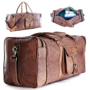 KPLeatherZ™ Men's FULL-Grain Leather 24in Brown Duffle Weekend Travel Bag