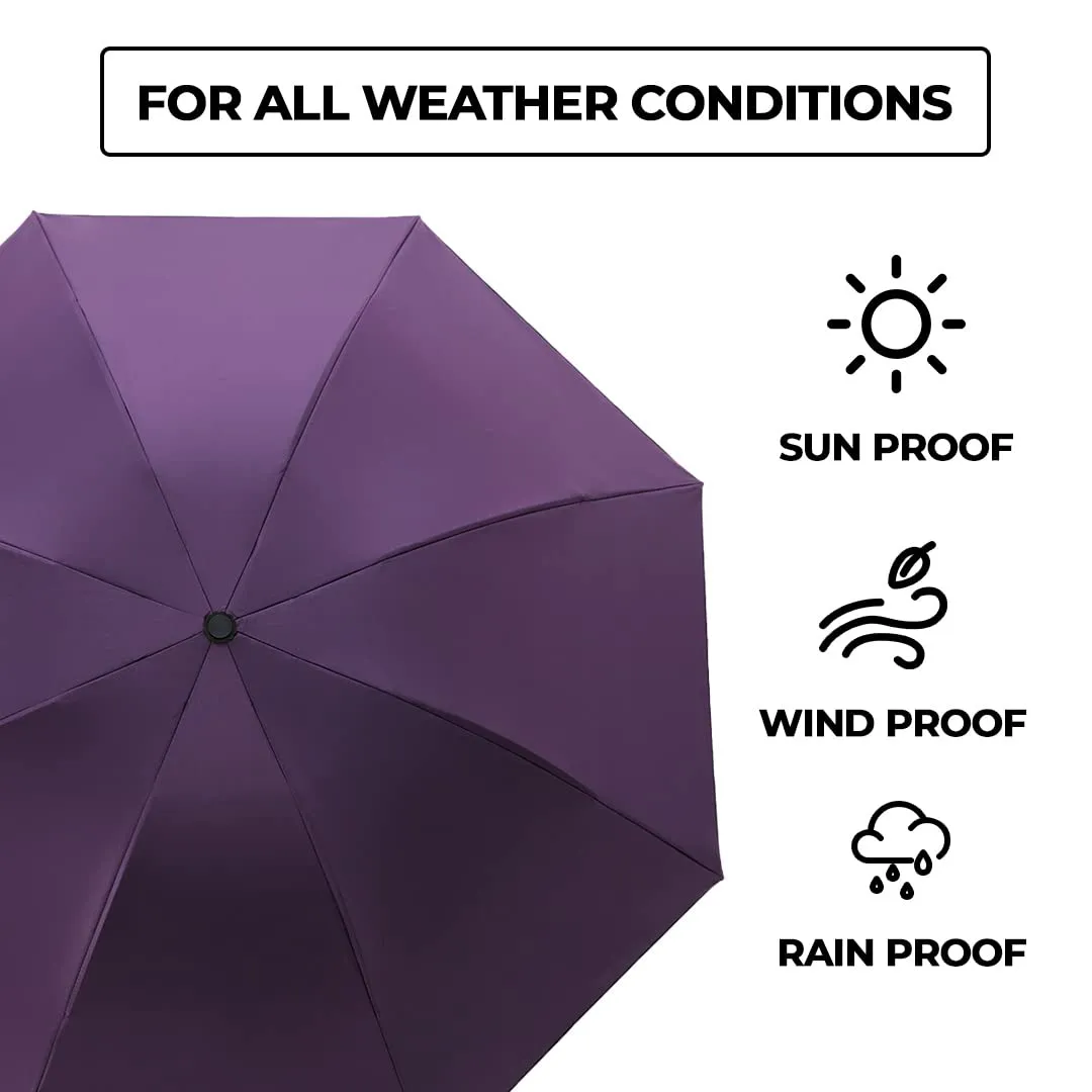 Kuber Industries 3 Fold Manual Umbrella | Windproof, Sunproof & Rainproof | With Polyester Canopy, Sturdy Steel Shaft & Wrist Straps | Easy to Hold & Carry | Umbrella for Women, Men & Kids | Purple