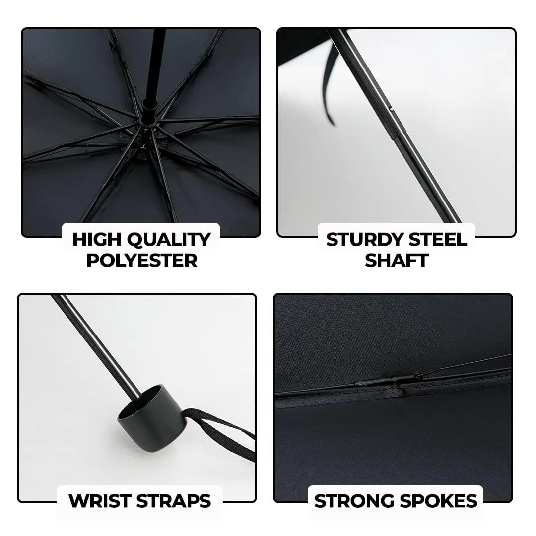 Kuber Industries 3 Fold Manual Umbrella|Windproof, Sunproof & Rainproof|With Polyester Canopy, Sturdy Steel Shaft & Wrist Straps|Easy to Hold & Carry|Umbrella for Women, Men & Kids |Black (Pack Of 3)