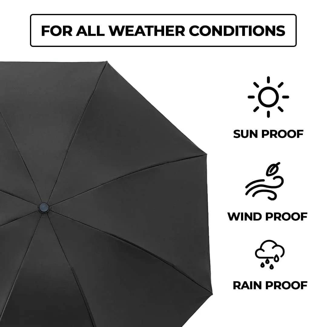 Kuber Industries 3 Fold Manual Umbrella|Windproof, Sunproof & Rainproof|With Polyester Canopy, Sturdy Steel Shaft & Wrist Straps|Easy to Hold & Carry|Umbrella for Women, Men & Kids |Black (Pack Of 3)