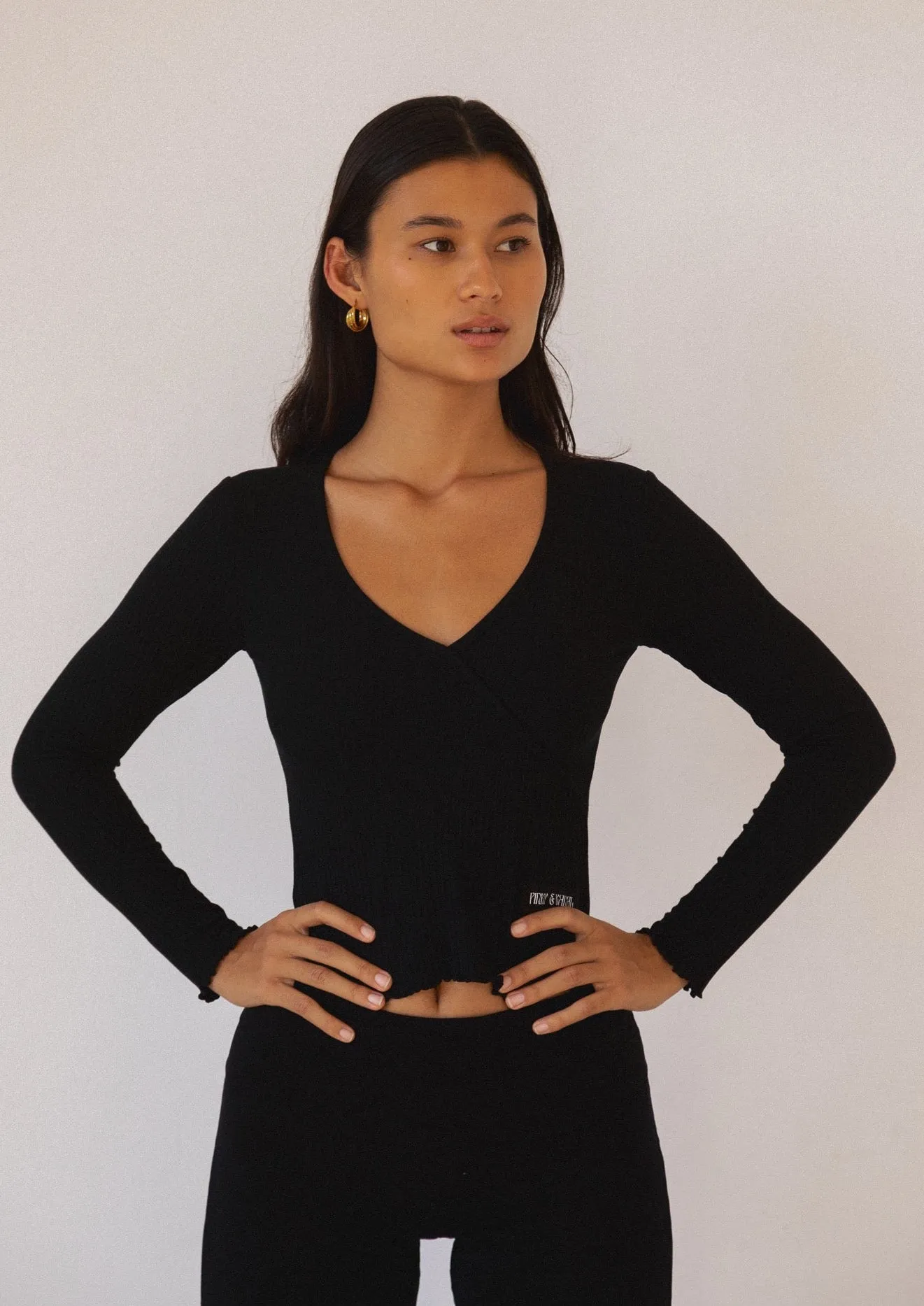 Long Sleeve Mock Wrap Top - Black