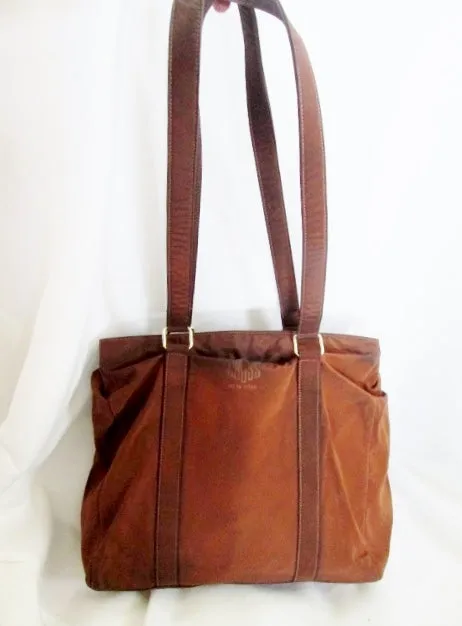 MARC CROSS NEW YORK ITALY Leather Shoulder Bag Duffle Duffel Tote BROWN Nylon