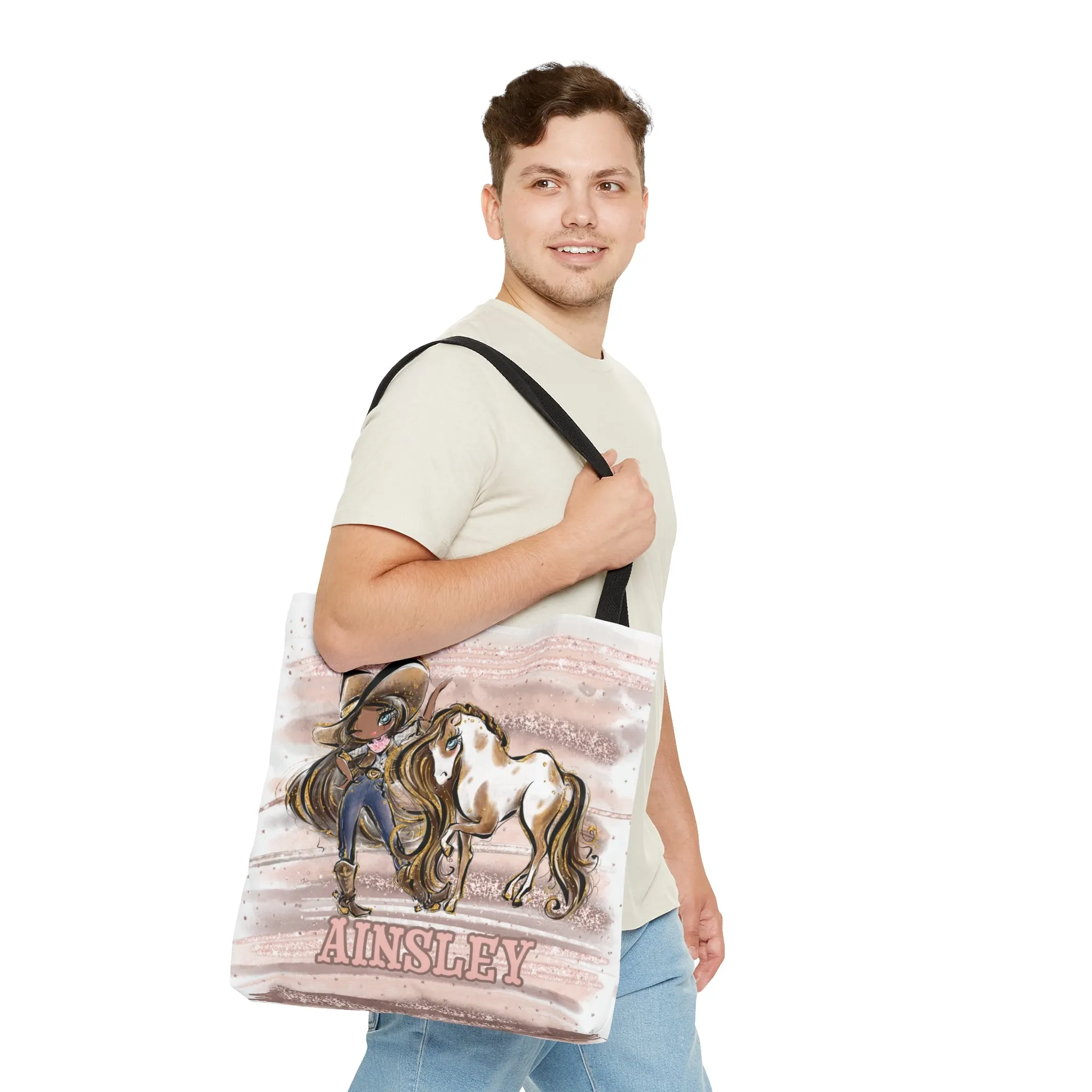 Personalised Tote Bag, Cowgirl & Horse, Brown Hair, Olive Skin, Blue Eyes, Tote bag