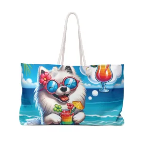 Personalised/Non-Personalised Weekender Bag, Summer Beach Dog, American Eskimo, Large Weekender Bag, Beach Bag, Book Bag