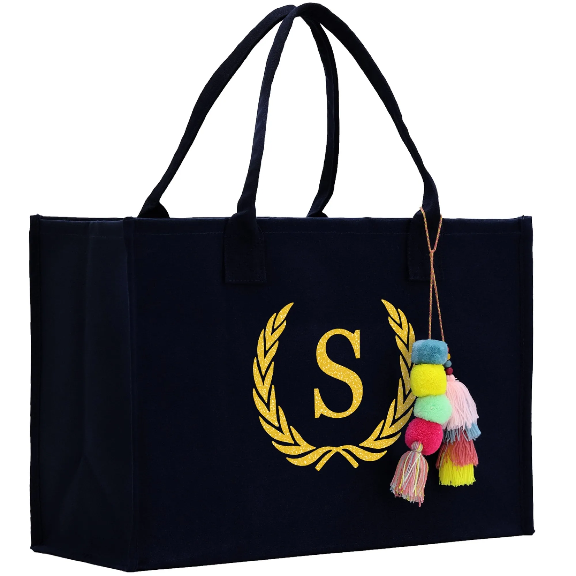 Personalized Gift Monogram Initial 100% Cotton Canvas Chic Tote Bag, Beach Bag, A-Z with Black and Navy Color Options