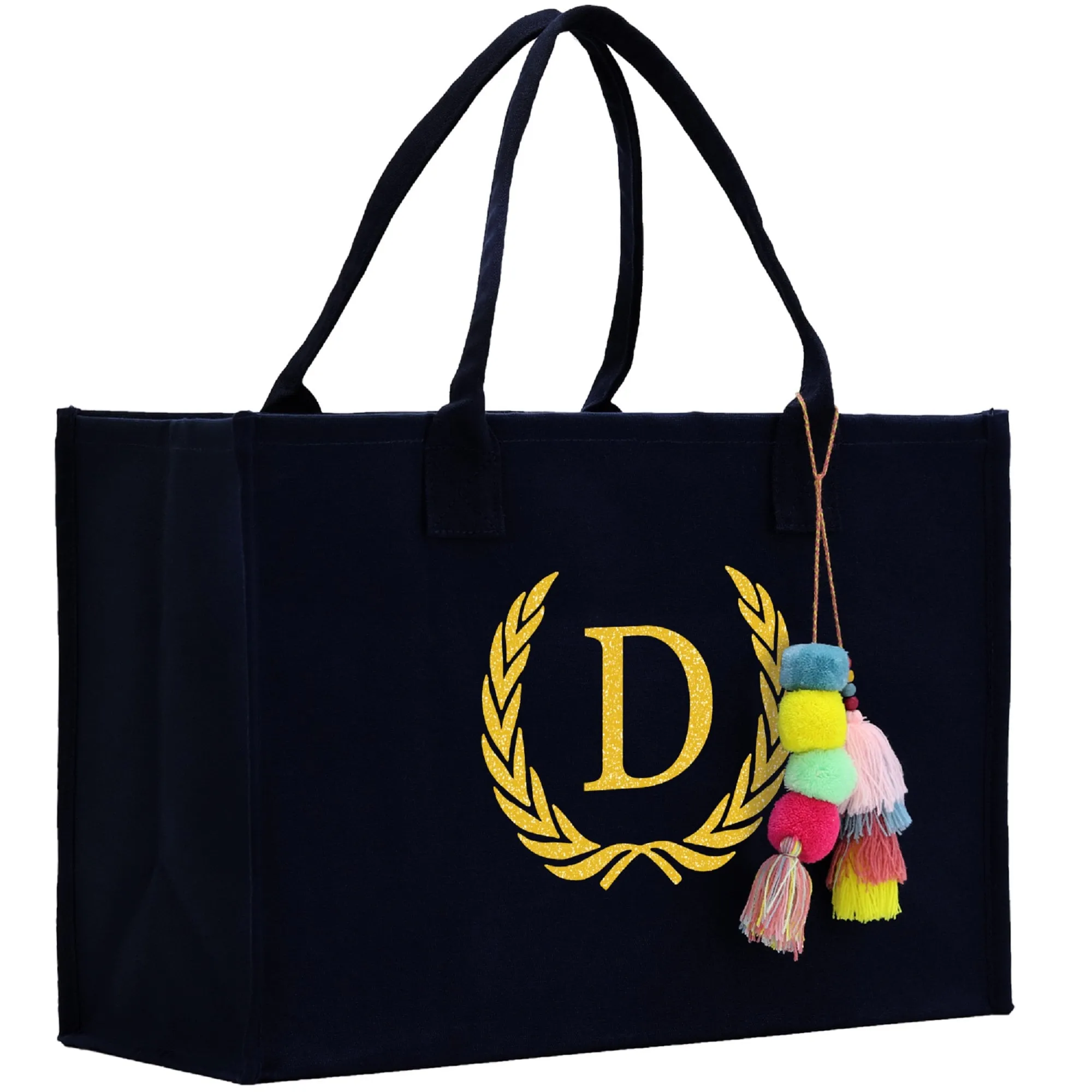 Personalized Gift Monogram Initial 100% Cotton Canvas Chic Tote Bag, Beach Bag, A-Z with Black and Navy Color Options