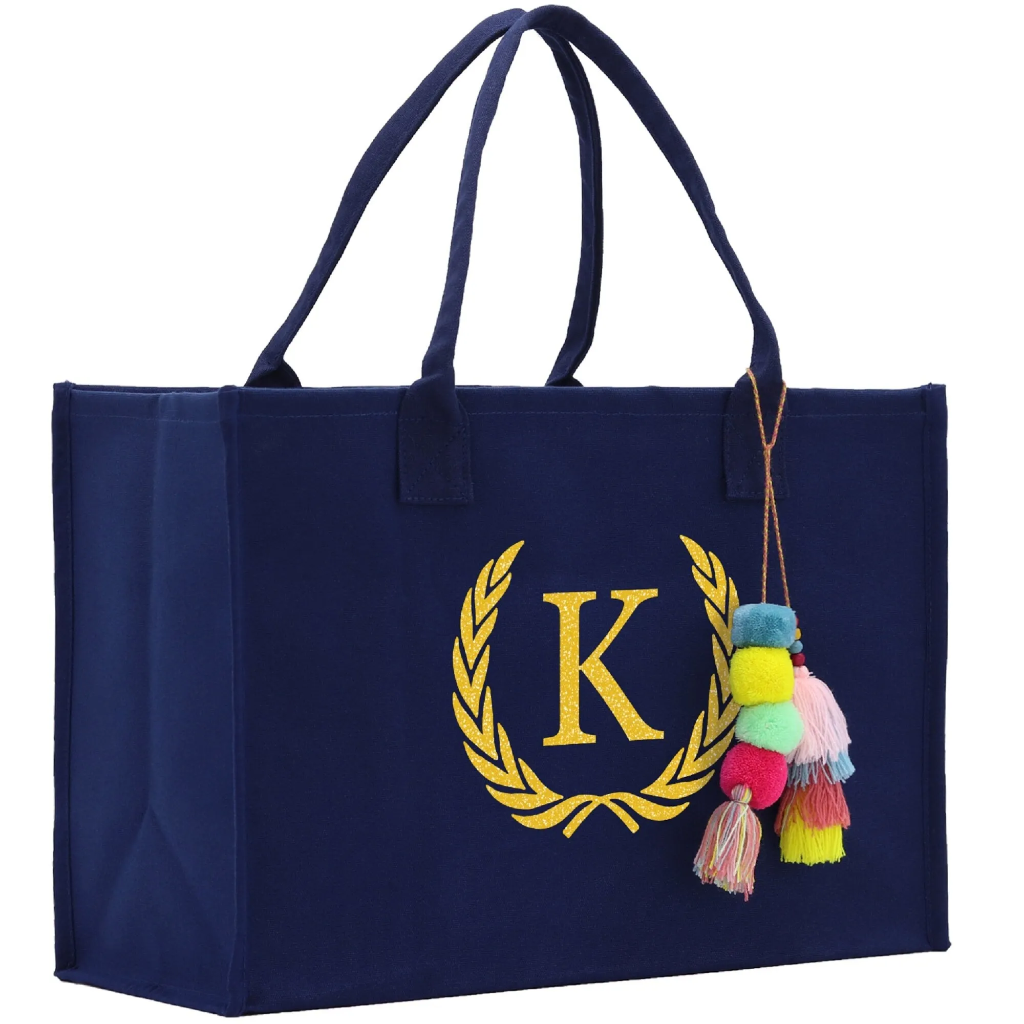 Personalized Gift Monogram Initial 100% Cotton Canvas Chic Tote Bag, Beach Bag, A-Z with Black and Navy Color Options