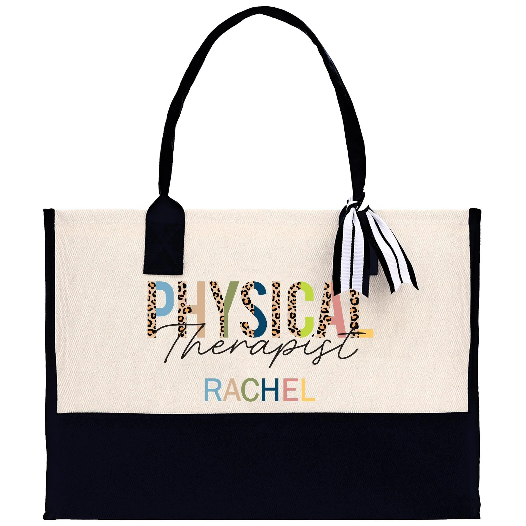 Personalized Leopard PT Physical Therapist Name Custom Cotton Canvas Tote Bag Physical Therapist Birthday Gift Graduation Bag (TRTB1006)