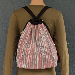 Red Black White Striped Upcycled Handwoven Light Backpack (NLBP1224-006) PS_W