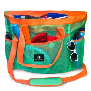 Red Suricata XL Mesh Beach Bag Tote -  Turquoise Green & Orange