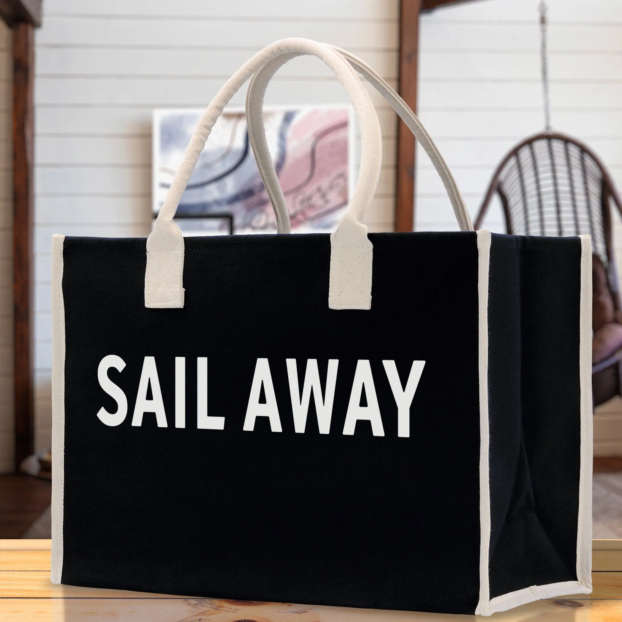 Sail Away Cotton Canvas Chic Beach Tote Bag Multipurpose Tote Weekender Tote Gift for Her Outdoor Tote Vacation Tote Large Beach Bag