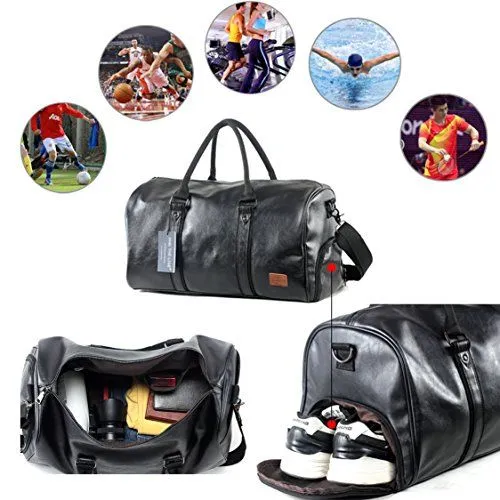 SFFashion™ Leather Weekender Duffel Bag w/ Shoe Compartment - Travel Carry On Bag