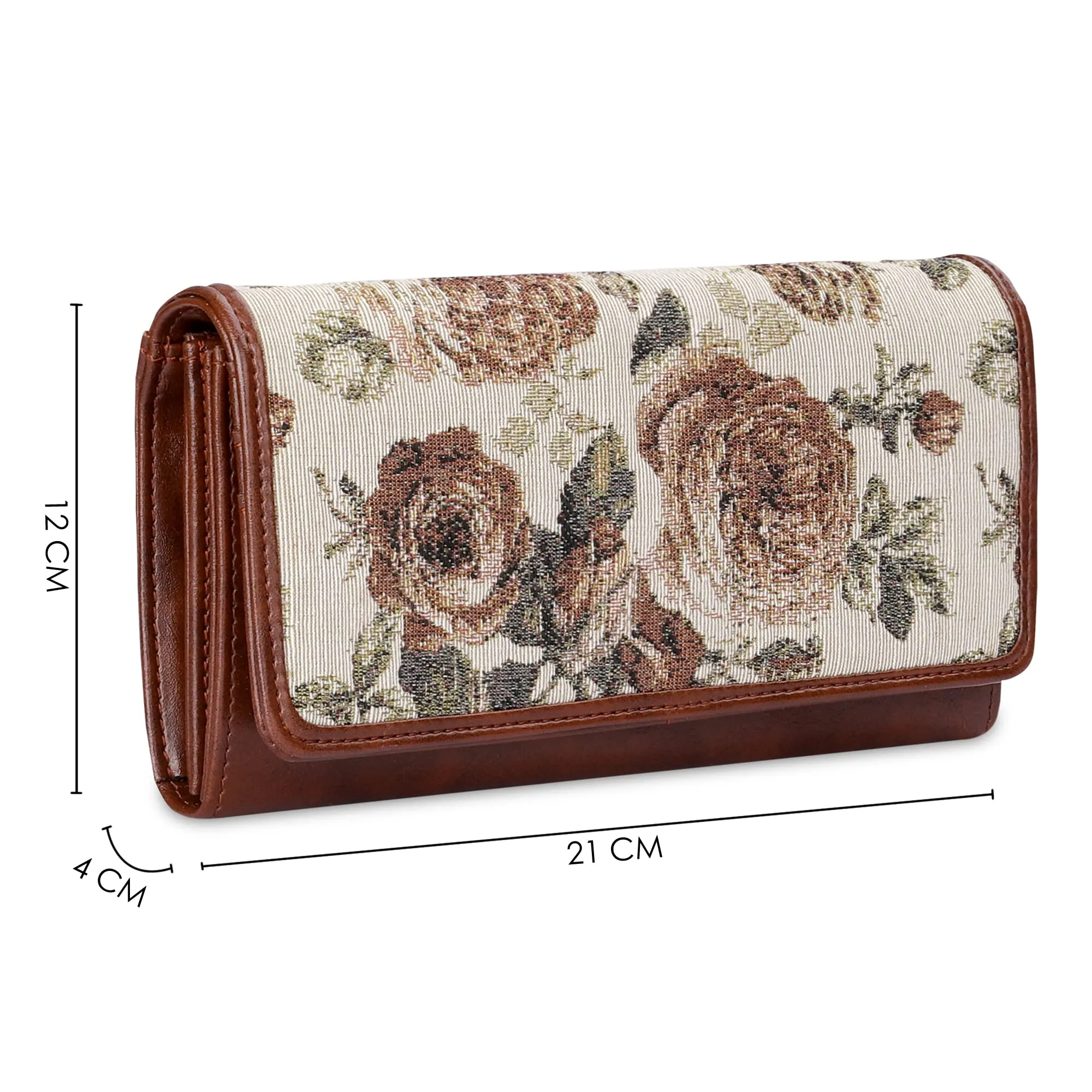 THE CLOWNFISH Sharon Collection Tapestry Fabric & Faux Leather Snap Flap Closure Womens Wallet Clutch Ladies Purse with Multiple Card Holders (Brown-Floral)