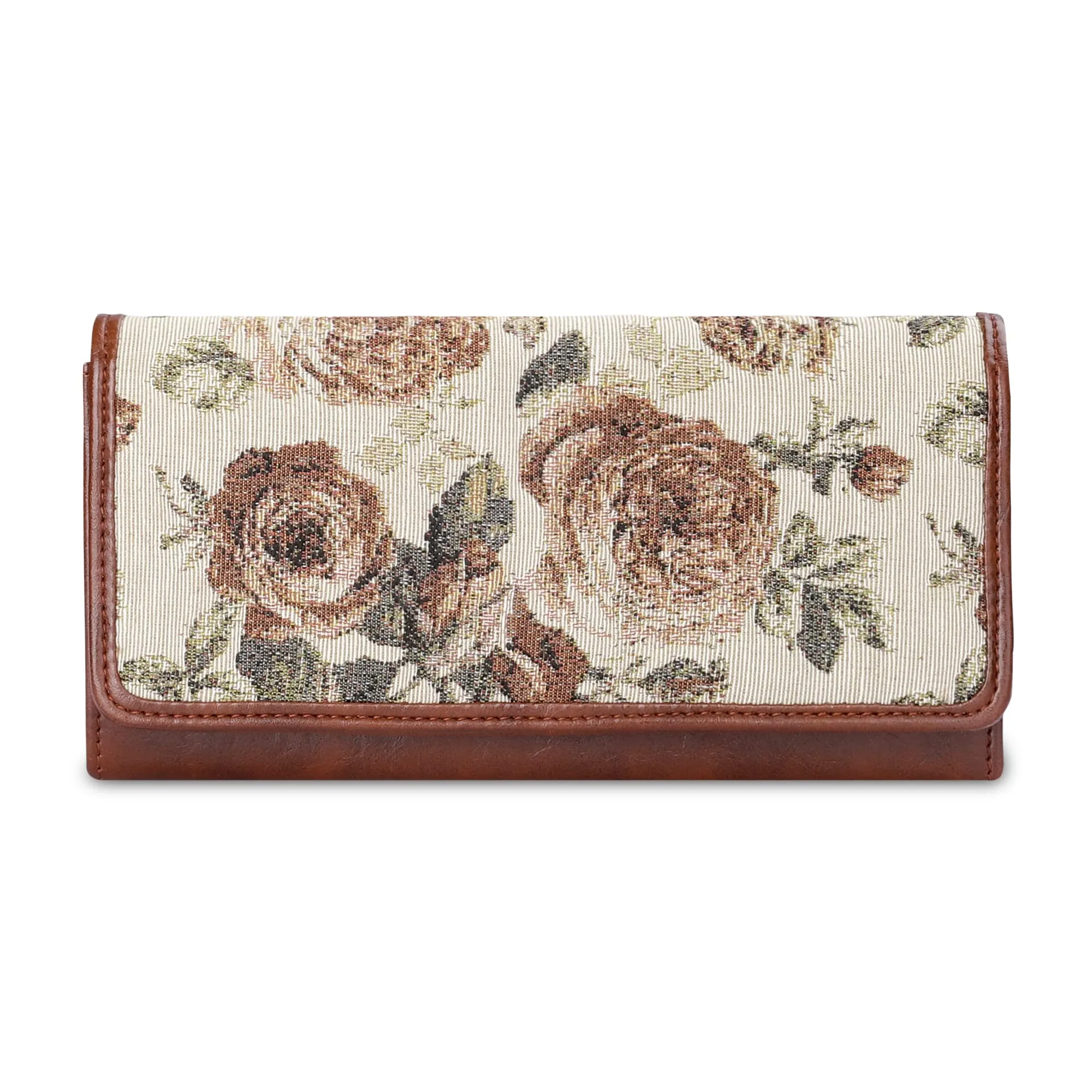 THE CLOWNFISH Sharon Collection Tapestry Fabric & Faux Leather Snap Flap Closure Womens Wallet Clutch Ladies Purse with Multiple Card Holders (Brown-Floral)