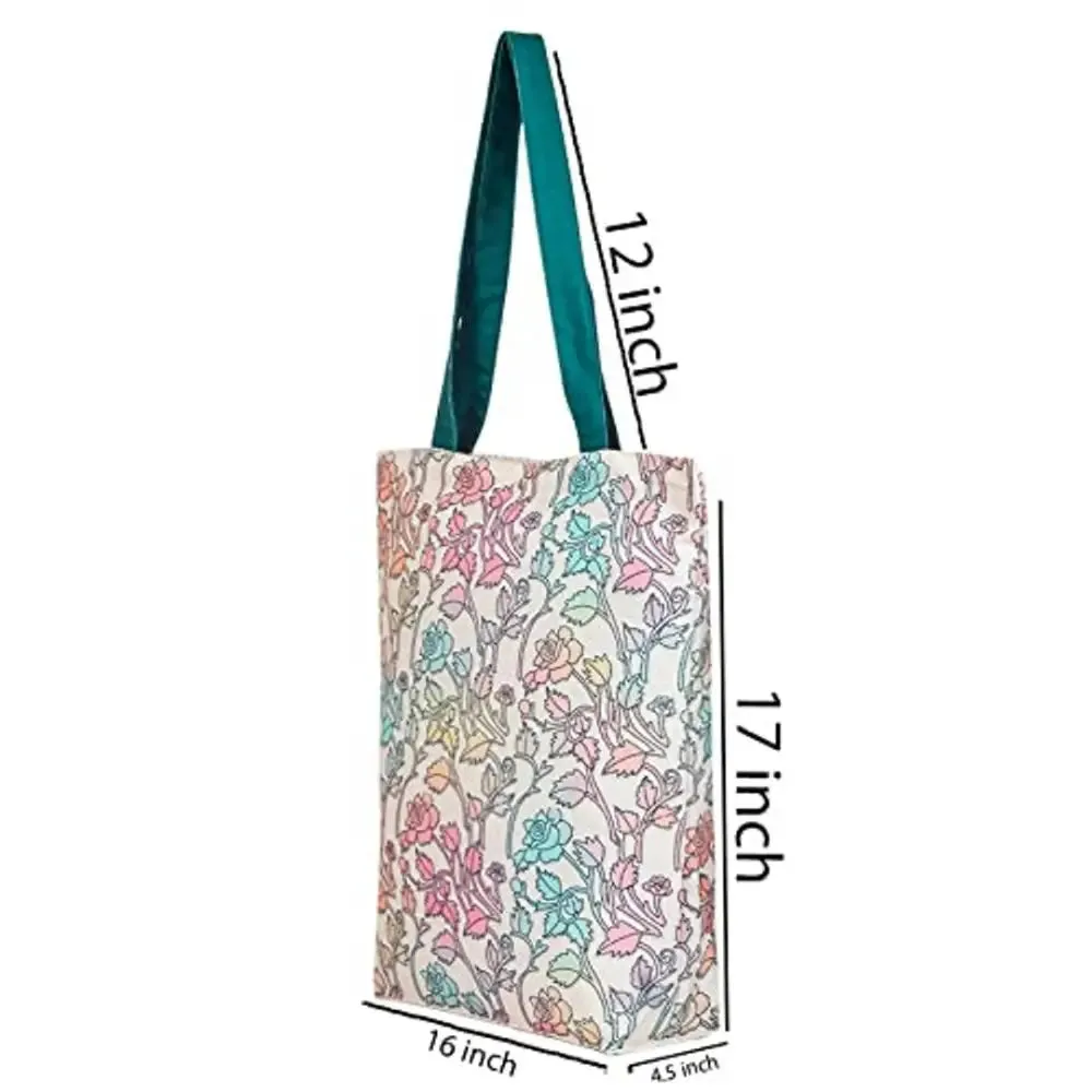 Tikuli Polyester Durable Canvas Large Size Printed Tote Bag for Women with ZIP (Beige Multi -3)