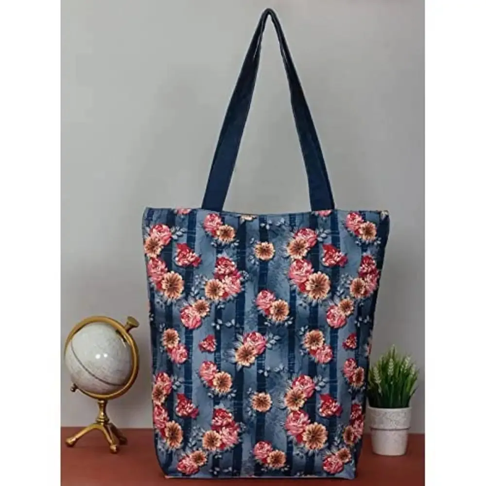 Tikuli Polyester Durable Canvas Large Size Printed Tote Bag for Women with ZIP (Navy Blue)