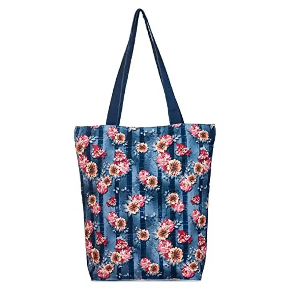 Tikuli Polyester Durable Canvas Large Size Printed Tote Bag for Women with ZIP (Navy Blue)