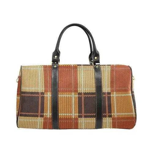 Travel Bags, Brown Checker Style Adjustable Black Handle Zip Close Bag