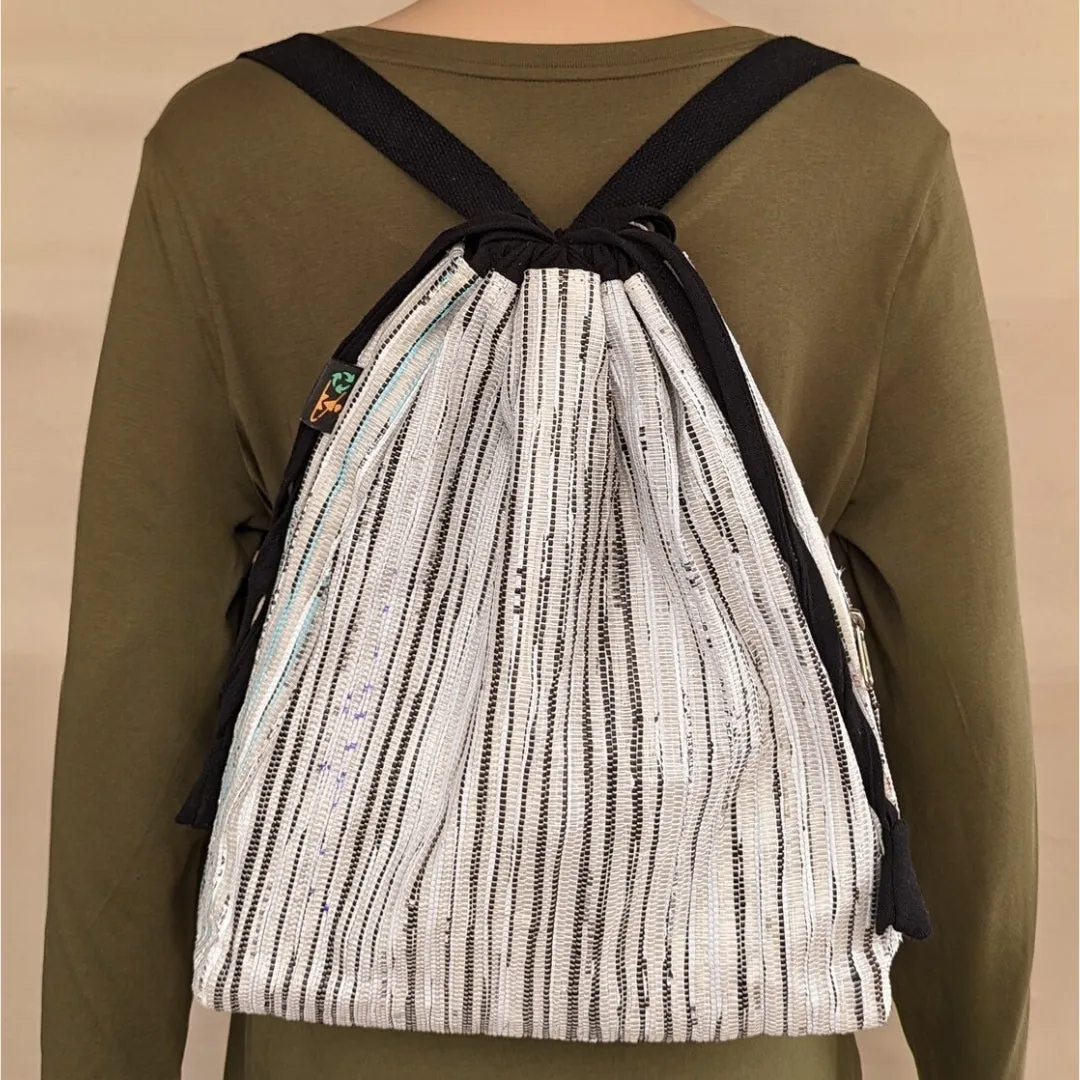 White Black Striped Upcycled Handwoven Light Backpack (NLBP0824-005) PS_W